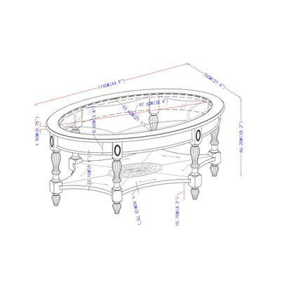 Solid Wood Oval Coffee Table with Glass Top&Shelf, 44.9"W*34"D | Cherry Walnut Wood Glass Sofa Center Table for Home Office, Vintage Cocktail Table with Storage Shelf, Fits Any Styles