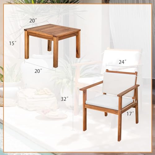 Patio Set 3 Piece Acacia Wood Outdoor Furniture Conversation Seat with Table & Cushions Porch Chairs for Balcony, Deck, Backyard, Beige