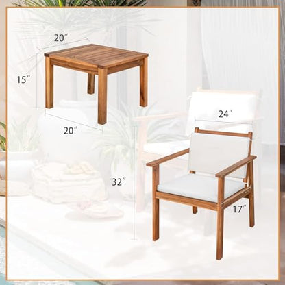 Patio Set 3 Piece Acacia Wood Outdoor Furniture Conversation Seat with Table & Cushions Porch Chairs for Balcony, Deck, Backyard, Beige