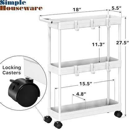 3-Tier Slim Rolling Cart w/Handle 5.5" Wx27.5 H, White, view 4
