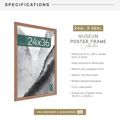 Museum Poster Frame 24x36 Medium Oak, Vertical & Horizontal Wall Hanging Large Picture Frame for Photos, Posters & Art Prints (1-Pack)