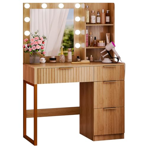 34in Fluted Makeup Vanity Desk with Mirror & Lights & Power Outlet, Small Vanity Table w/ 4 Drawers & 2 Storage Shelves,Oak Modern Dressing Table Set Charging Station for Bedroom