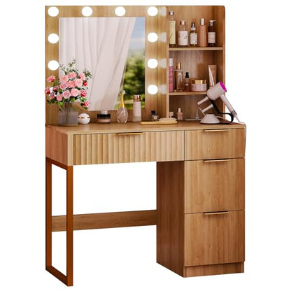 34in Fluted Makeup Vanity Desk with Mirror & Lights & Power Outlet, Small Vanity Table w/ 4 Drawers & 2 Storage Shelves,Oak Modern Dressing Table Set Charging Station for Bedroom