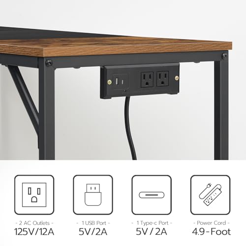 Computer Desk, Home Office Desk with Power Outlet, Modern Study Writing Desk with 3 Hooks for Study Room, Home Office, Sturdy and Stable, Easy to Assemble, Rustic Brown and Black BF41UDN01
