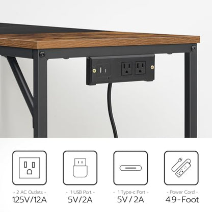 Computer Desk, Home Office Desk with Power Outlet, Modern Study Writing Desk with 3 Hooks for Study Room, Home Office, Sturdy and Stable, Easy to Assemble, Rustic Brown and Black BF41UDN01