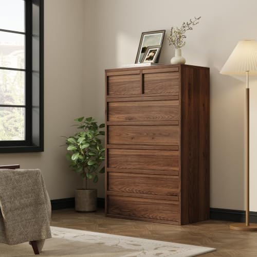 7 Dresser for Bedroom 46.8" Tall Dresser with Storage Wooden, Walnut, view 8