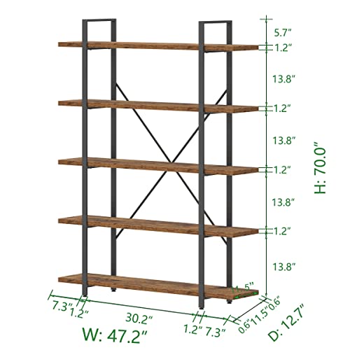 Rustic Bookcases and Book Shelves 5 Shelf, Metal Wood 5 Tier Bookshelf and Storage Book Rack, Vintage Large Book Shelf for Bedroom Living Room Office,Open Vertical Display Etagere Book Case, Brown