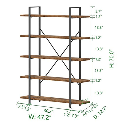 Rustic Bookcases and Book Shelves 5 Shelf, Metal Wood 5 Tier Bookshelf and Storage Book Rack, Vintage Large Book Shelf for Bedroom Living Room Office,Open Vertical Display Etagere Book Case, Brown