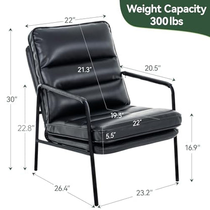 Modern Accent Chair, PU Leather High Back Armchair with Metal Frame, Comfy and Supportive Reading Chair for Living Room, Bedroom, or Office, Black
