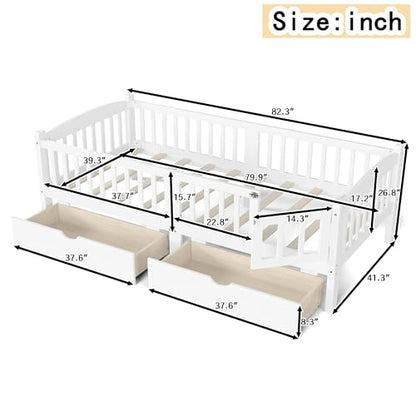 JIVOIT Twin XL Platform Bed with Full-Length Guardrails, Low Platform Bed with Two Drawers, Wood Slats Support, Cute & Childlike Headboard Design, No Box Spring Needed (White,Twin XL,6)