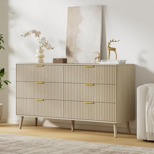 Fluted Dresser and Nightstand Set, 3 Pieces Bedroom Set, 55 Inch Wide 6-Drawer Dresser & 2-Drawer Nightstands Set of 2, Modern Dressers Set for Bedroom, Hallway, Beige