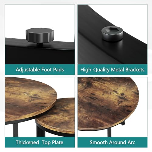 Nesting Coffee Table Set of 2, 23.6" Round Coffee Table Rustic Wood Top with Adjustable Non-Slip Feet, Industrial End Table Side Tables for Living Room Bedroom Balcony Yard