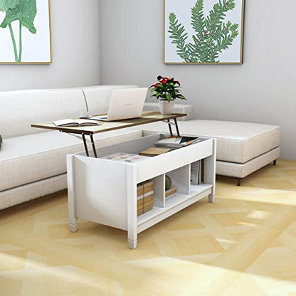 Lift Top Coffee Table, Wood Cocktail Table w/Hidden Compartment & Lower Storage Shelves, Wood Laptop Table, Lift Tabletop Home Furniture for Living Room, Guest Room, Office, White