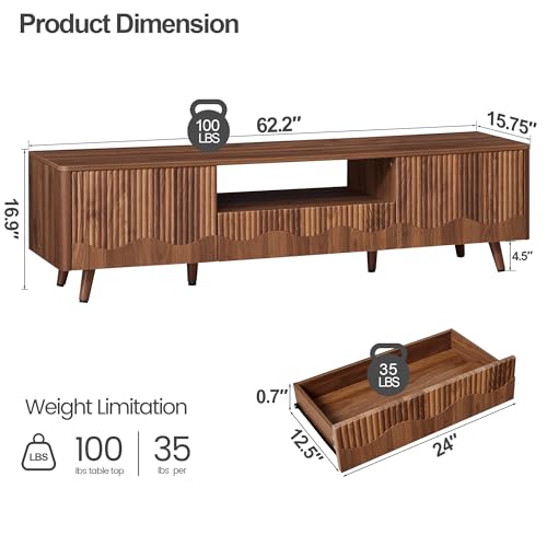 Walnut 62.2” Fluted Wave TV Stand for TVs up to 75”, view 3