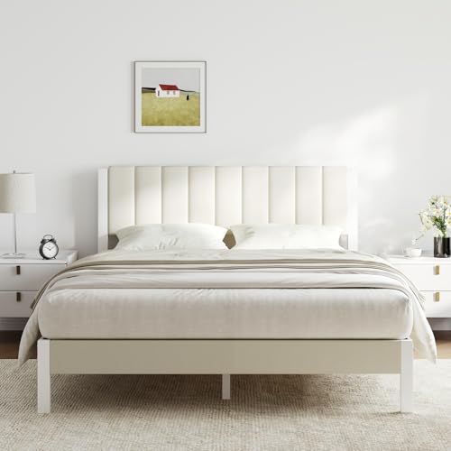 Metal Platform Bed Frame with Velvet White Headboard, view 2