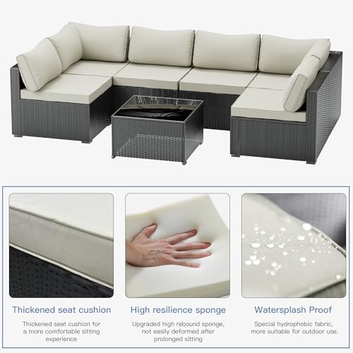 Skyfish 7 Pieces Patio Furniture Set - Outdoor Sectional Wicker Rattan Furniture with Cushion and Glass Table Patio Conversation Sets for Porch Poolside Backyard Outdoor Sofa Set Modular Sofa