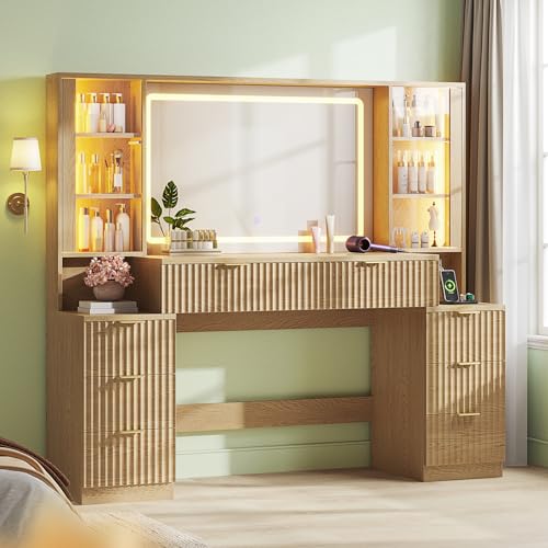 Big Vanity, Fluted Wood Makeup Vanity with Mirror Lights, Oak Vanity Desk, view 2