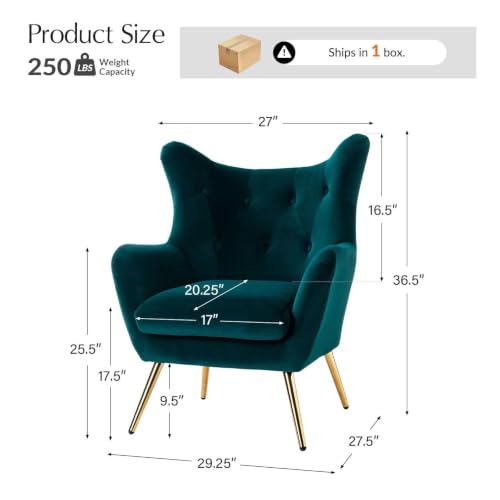 Teal Velvet Tufted Wingback Armchair with Gold and Wood Legs, view 3
