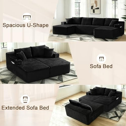 125" Sectional Boneless Couch for Living Room, Modular Cloud Couch Sectional with Storage Pockets & Cup Holders, Modern Corduroy Modular Sofa, Black U-Shaped Compressed Sofa Couch in a Box