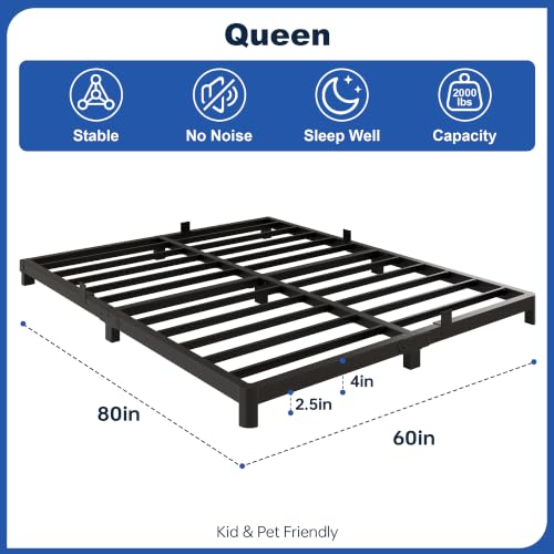 Queen Bed Frame, 4 Inch Low Profile Metal Platform Bed with Round Legs, view 3