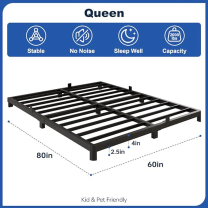 Queen Bed Frame, 4 Inch Low Profile Metal Platform Bed with Round Legs, view 3