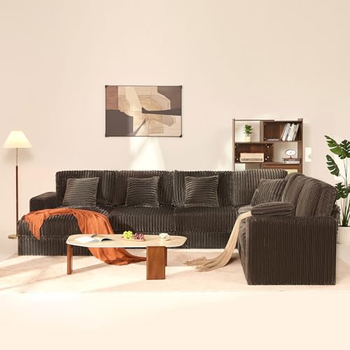 139" U-Shaped Cloud Couch, Modular Sectional, Deep Seats, Grey | Pocket Spring Cushions, Oversized 7-Seater, Left Facing Chaise, Corduroy Upholstery Couches for Living Room, Not Boneless