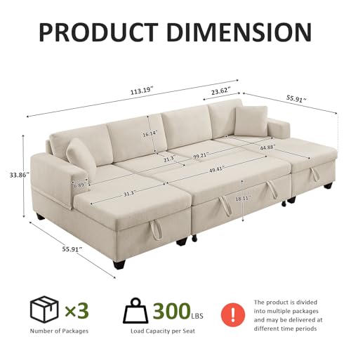 U Shaped Sectional Sleeper Sofa with Pull Out Bed, 113" Modular Sectional Sofa with Storage Chenille Couches for Living Room, Apartment, Office, Beige