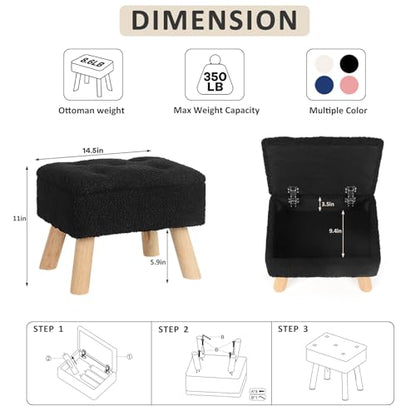 Storage Ottoman, Small Foot Stool Ottoman with Storage, Boucle Teddy Velvet Foot Rest with Padded Seat, Sturdy Wood Legs Stool for Living Room, Bedroom, Couch, Enterway (Black)