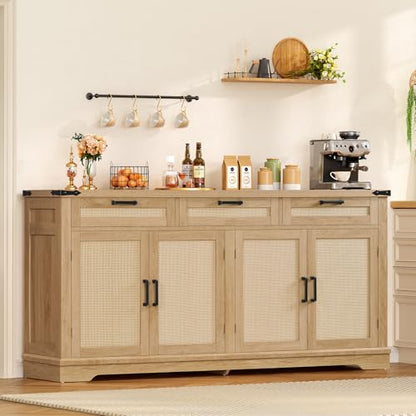 61” Large Buffet Cabinet with Storage, Sideboard Cabinet with 4 Doors and 3 Drawers, Farmhouse Buffet Table, Dining Room Storage Cabinet for Kitchen or Living Room, Natural