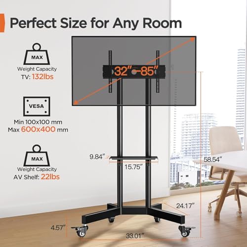 Rolling TV Stand, Mobile TV Stand on Wheels for 32-85 Inch Screens up to 132 lbs, Height Adjustable Mobile TV Cart with Metal Shelf, Rolling TV Cart with Lockable Wheels Max VESA 600x400mm