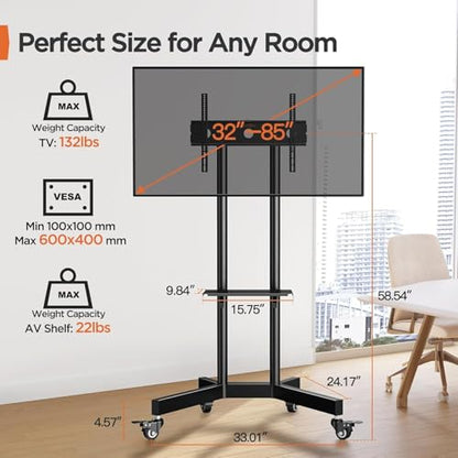 Rolling TV Stand, Mobile TV Stand on Wheels for 32-85 Inch Screens up to 132 lbs, Height Adjustable Mobile TV Cart with Metal Shelf, Rolling TV Cart with Lockable Wheels Max VESA 600x400mm
