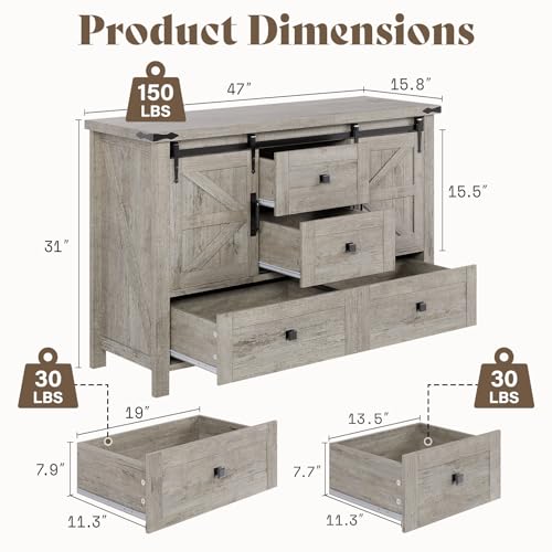2PCS Farmhouse Dresser Set with Sliding Barn Doors, Bedroom Sets Include 47'' Dresser with 4 Drawers, 5-Drawer Tall Dresser, Light Rustic Oak