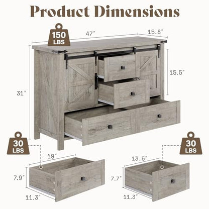 2PCS Farmhouse Dresser Set with Sliding Barn Doors, Bedroom Sets Include 47'' Dresser with 4 Drawers, 5-Drawer Tall Dresser, Light Rustic Oak