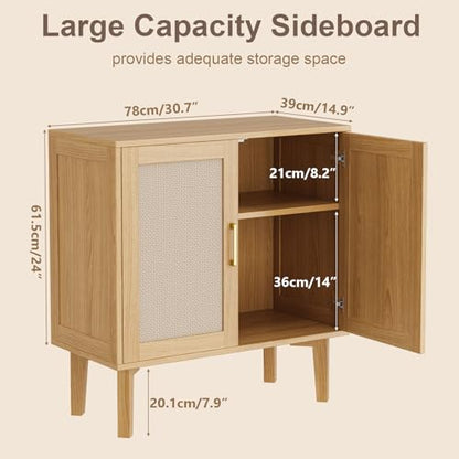 32.2" Rattan Sideboard Cabinet | Modern Accent Storage Cabinet with Adjustable Shelf and Solid Wood Legs for Kitchen, Living Room, Entryway, Natural Oak