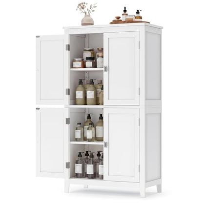 Freestanding Storage Cabinet, Floor Cabinet with Elevated Legs, Metal Handles, for Living Room, Kitchen, Bathroom, White