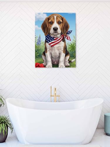 NuYeBiofx Independence Day USA Flag 4th of July Farm Flower Dog Canvas Wall Art Prints,48"x32" Framed Picture Artwork Printed Canvas Oil Painting for Living Room Bedroom Office,Ready to Hang
