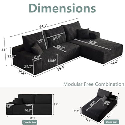 Modular Sectional Sofa Cloud Sectional Couch, 95" Comfy Fluffy L-Shaped Couches for Living Room, Deep Seat Memory Foam Plush Corduroy Boneless Couch Sectionals No Assembly (Black,Right-Facing Chaise)