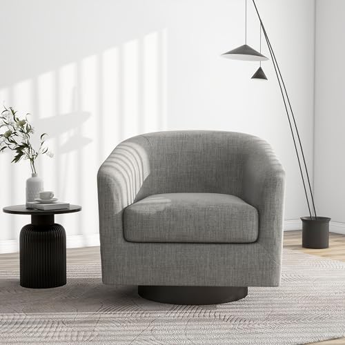 Swivel Barrel Accent Chair, Modern Round Linen Arm Chair for Living Room, Bedroom, Comfy Club Reading Chairs for Adults（Linen Fabric, Light Grey, Set of 1