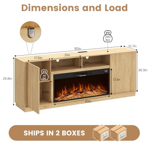 80" Fireplace TV Stand for 90" TV, Fluted Arched Entertainment Center, Oak, view 3