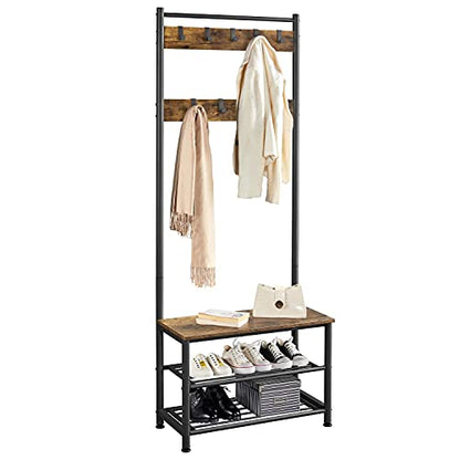 3-in-1 Hall Tree with Bench, Shoe Rack for Mudroom, Rustic Brown, view 2