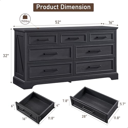 7 Drawer Dresser, 52" Wide Farmhouse Chest for Bedroom, Black, view 3
