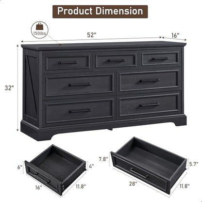 7 Drawer Dresser, 52" Wide Farmhouse Chest for Bedroom, Black, view 3