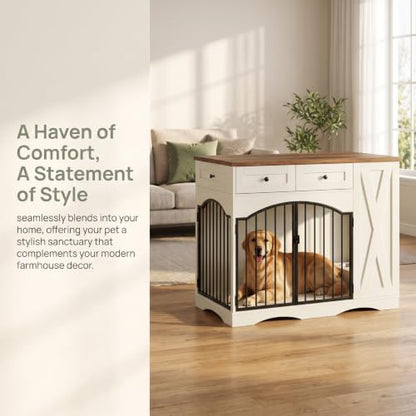Farmhouse Dog Crate Furniture Large Dog House with Drawers Pet Cage, view 5