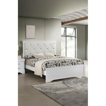 Trending Large White Finish Queen Size Panel Bed with Crystal-Like Button Tufted Headboard for Modern Bedroom Furniture