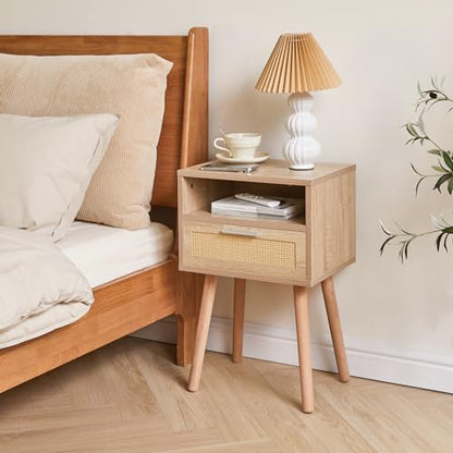 Rattan Nightstand, Boho Side Table with Drawer Open Shelf, Wood Accent Bedside Table, End Table with Legs for Bedroom, Living Room and Small Spaces,Natural UWNS009N