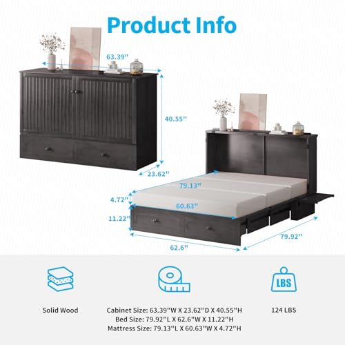 Queen Murphy Bed Cabinet with Drawers, Modern Versatile Wood Chest Cabinet Wall Bed with USB Charging Station, Wooden Guest Beds for Bedroom Home Apartment, No Tri-Fold Mattress - Dark Grey