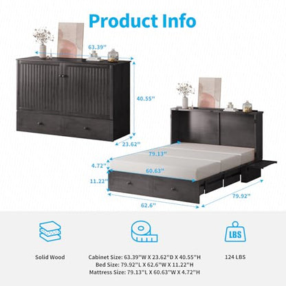 Queen Murphy Bed Cabinet with Drawers, Modern Versatile Wood Chest Cabinet Wall Bed with USB Charging Station, Wooden Guest Beds for Bedroom Home Apartment, No Tri-Fold Mattress - Dark Grey