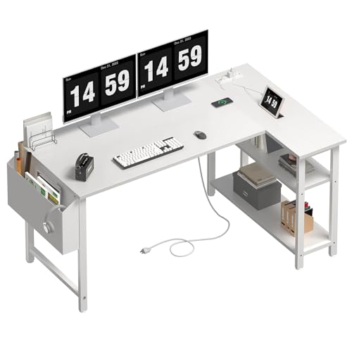 White L Shaped Computer Desk with Power Outlet Shelves, 47 Inch Corner Desk for Home Office Bedroom, L-Shaped Study Writing Working PC Desks, White