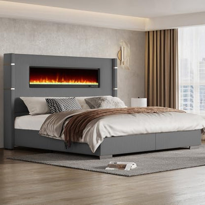 Dark Gray King Bed Frame with Upholstered Headboard, view 4