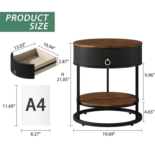 Round End Table with Drawer, Wood Grain Bedside Table, Brown and Black | 2-Tier Nightstand with Drawer, Side Table, Shelf, MDF Board, PVC, Metal Frame, Living Room, Bedroom, office